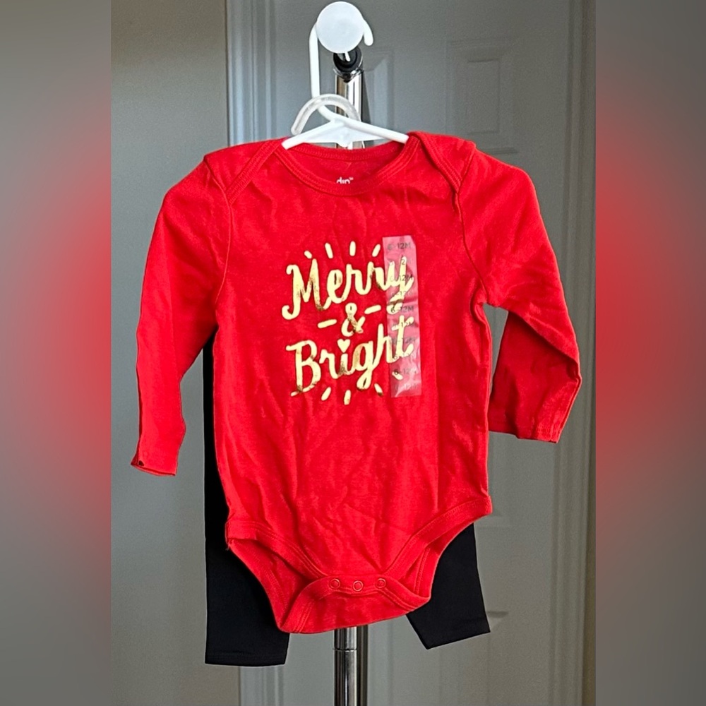 Dip Festive Red & Gold Baby Bodysuit Black Leggings size 6-12 Mons NWT